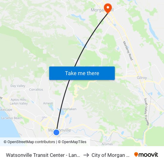 Watsonville Transit Center - Lane 1 to City of Morgan Hill map