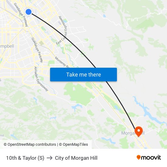 10th & Taylor (S) to City of Morgan Hill map