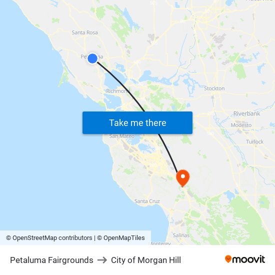 Petaluma Fairgrounds to City of Morgan Hill map