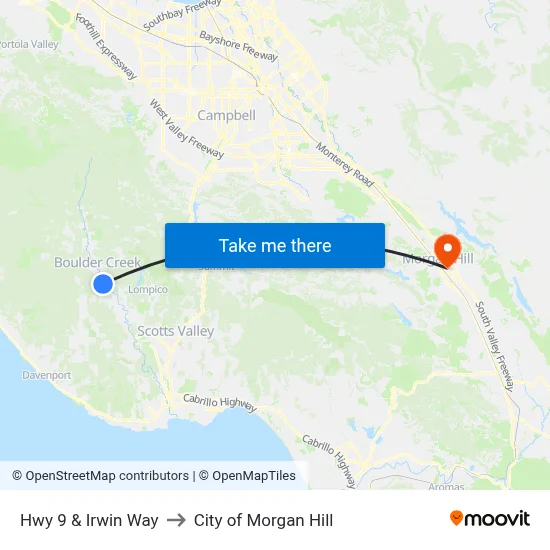 Hwy 9 & Irwin Way to City of Morgan Hill map