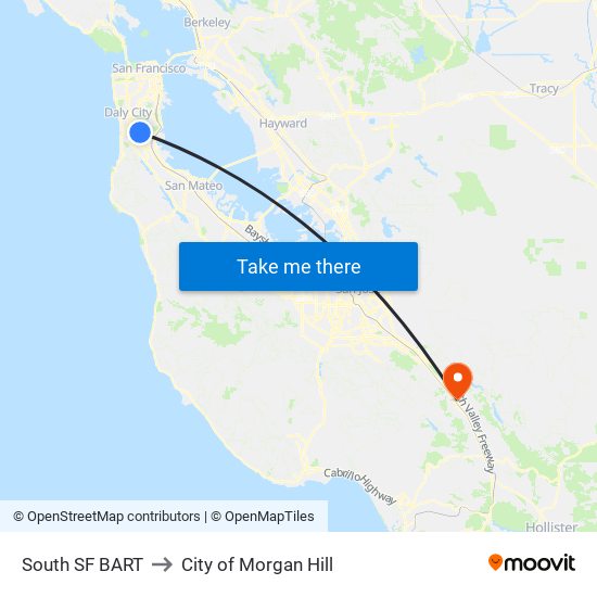 South SF BART to City of Morgan Hill map