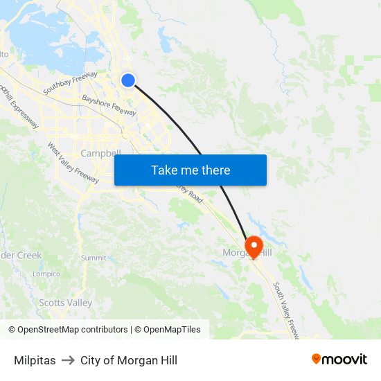 Milpitas to City of Morgan Hill map