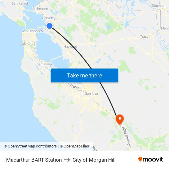 Macarthur BART Station to City of Morgan Hill map
