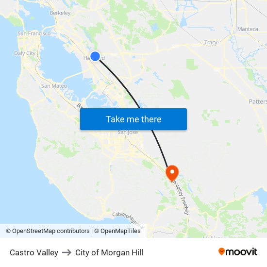 Castro Valley to City of Morgan Hill map
