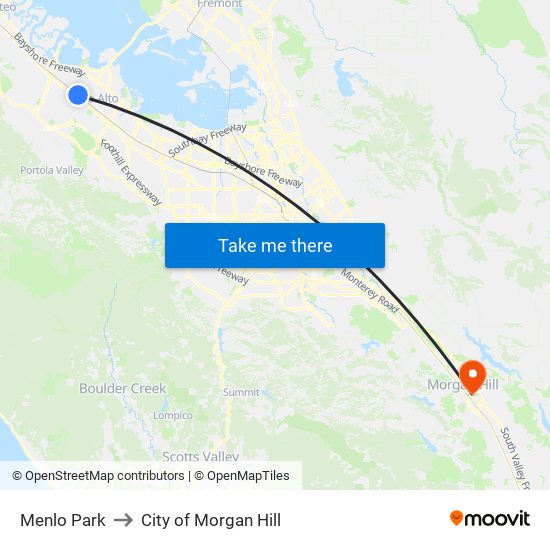 Menlo Park to City of Morgan Hill map