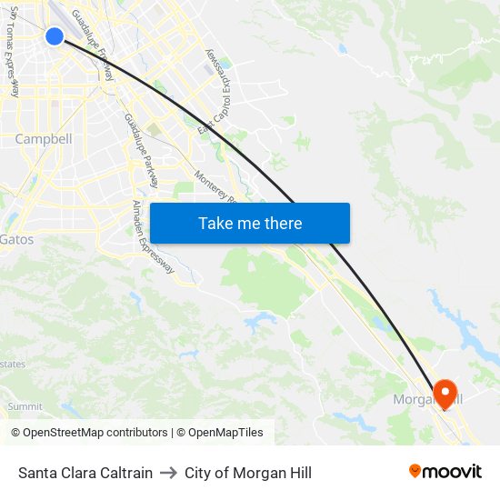 Santa Clara Caltrain to City of Morgan Hill map