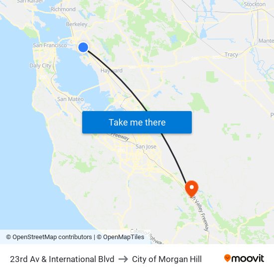 23rd Av & International Blvd to City of Morgan Hill map