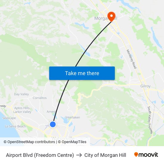 Airport Blvd (Freedom Centre) to City of Morgan Hill map