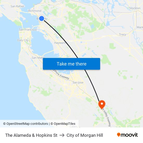 The Alameda & Hopkins St to City of Morgan Hill map