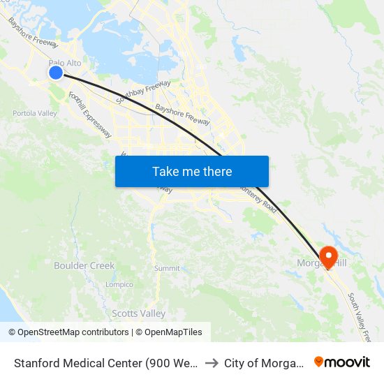 Stanford Medical Center (900 Welch Rd.) to City of Morgan Hill map