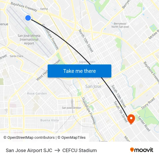 San Jose Airport SJC to CEFCU Stadium map