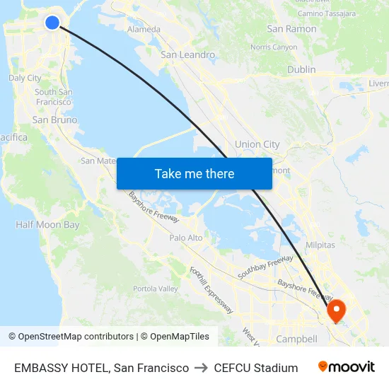 EMBASSY HOTEL, San Francisco to CEFCU Stadium map