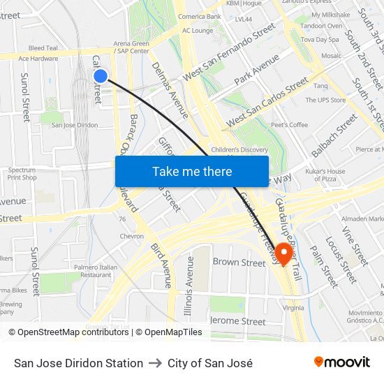 San Jose Diridon Station to City of San José map