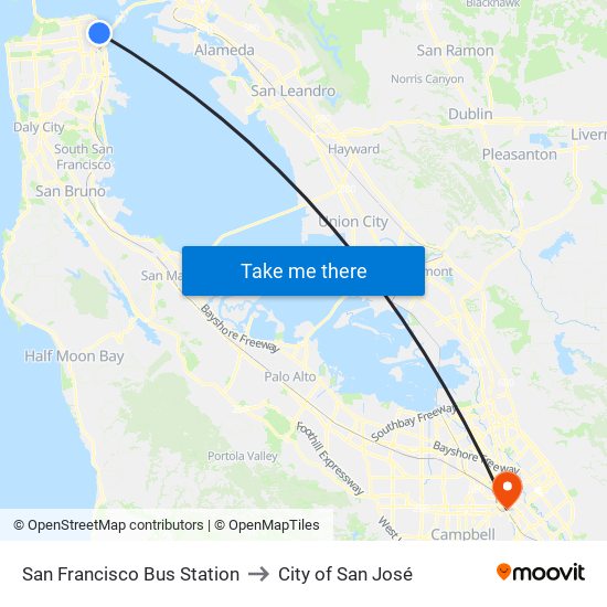 San Francisco Bus Station to City of San José map