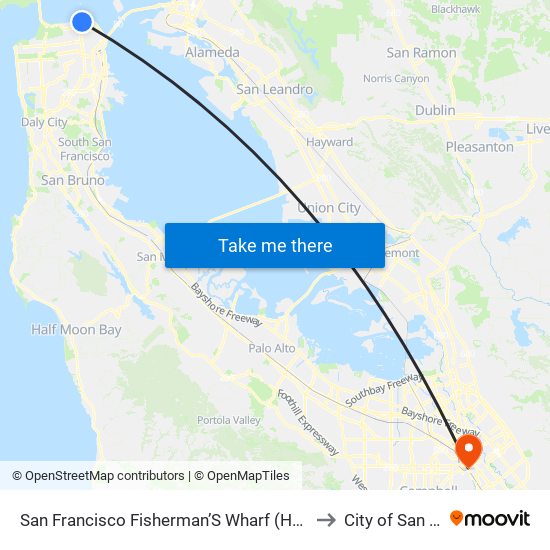 San Francisco Fisherman’S Wharf (Hyde/Beach) to City of San José map