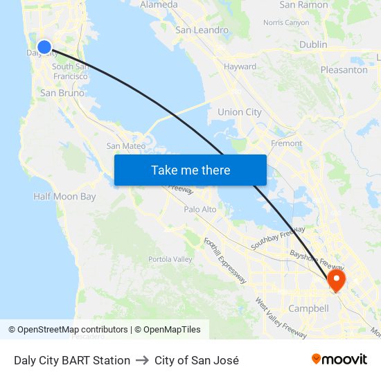 Daly City BART Station to City of San José map