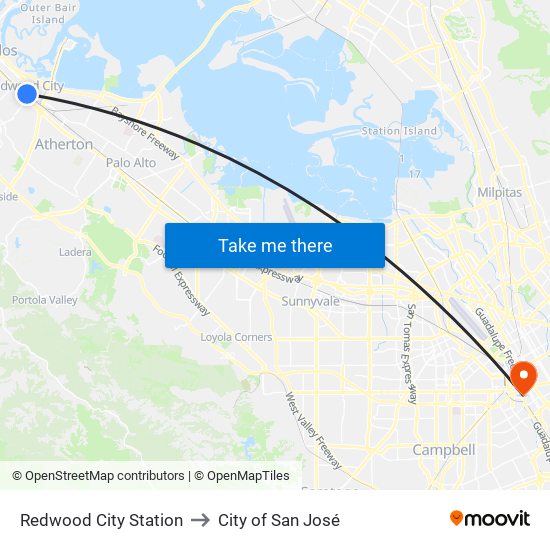 Redwood City Station to City of San José map