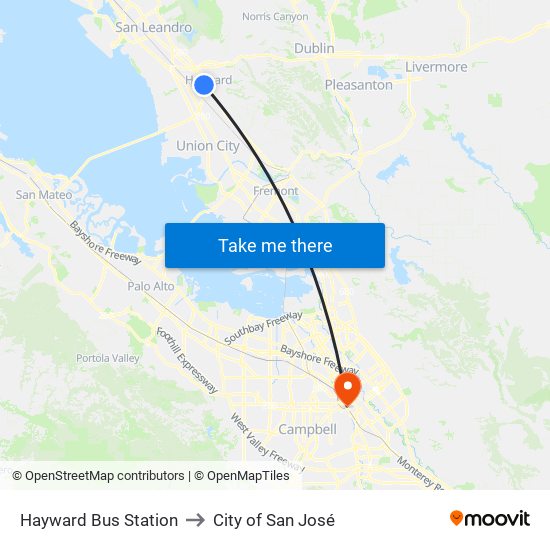 Hayward Bus Station to City of San José map