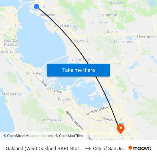 Oakland (West Oakland BART Station) to City of San José map
