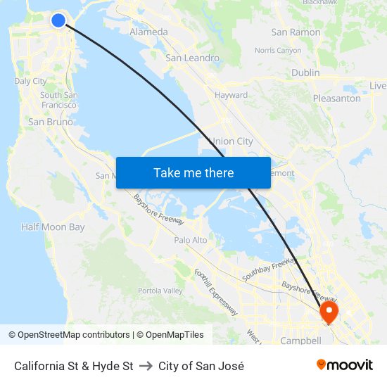 California St & Hyde St to City of San José map