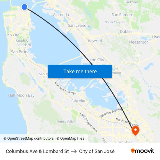 Columbus Ave & Lombard St to City of San José map