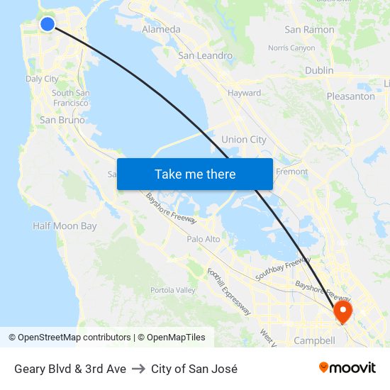 Geary Blvd & 3rd Ave to City of San José map