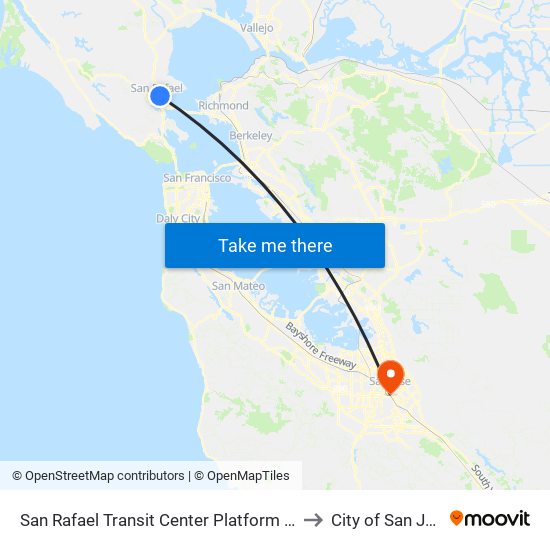 San Rafael Transit Center Platform A NB to City of San José map