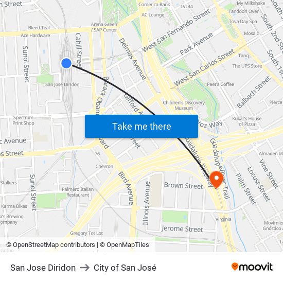 San Jose Diridon to City of San José map