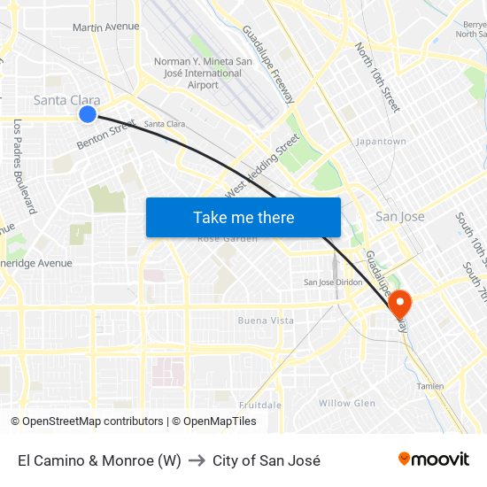 El Camino & Monroe (W) to City of San José map