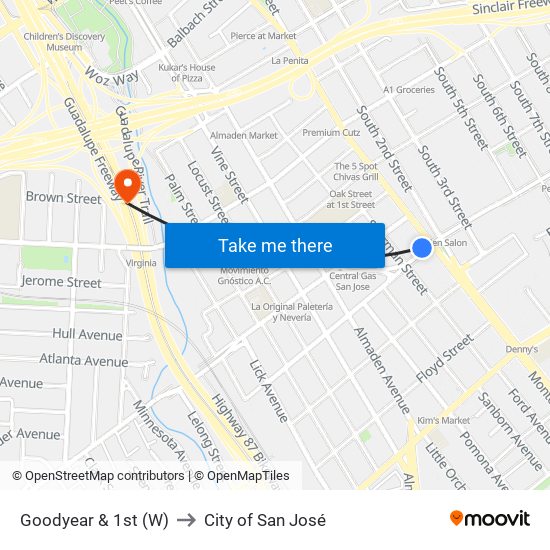 Goodyear & 1st (W) to City of San José map