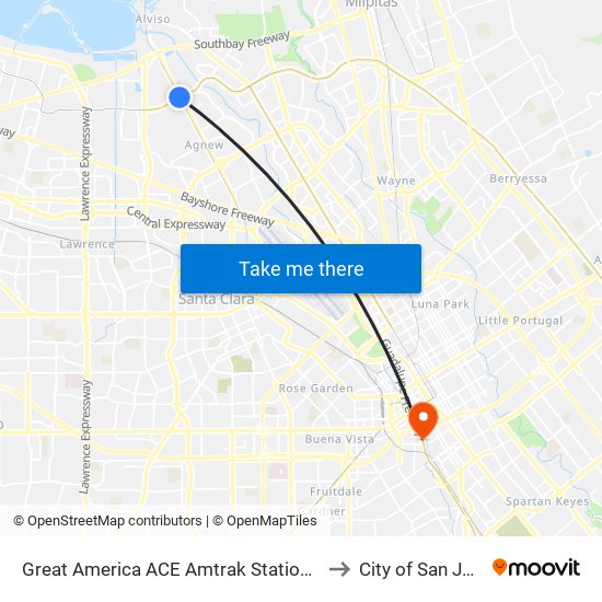 Great America ACE Amtrak Station (N) to City of San José map