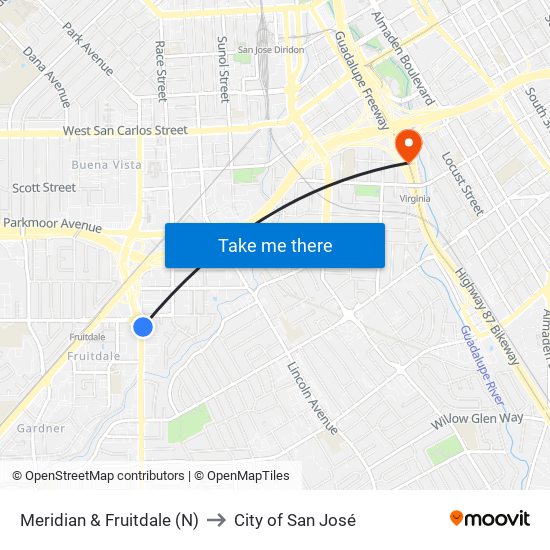 Meridian & Fruitdale (N) to City of San José map