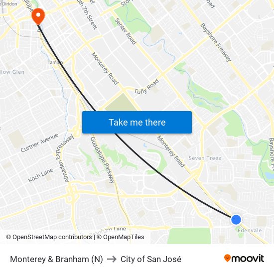 Monterey & Branham (N) to City of San José map