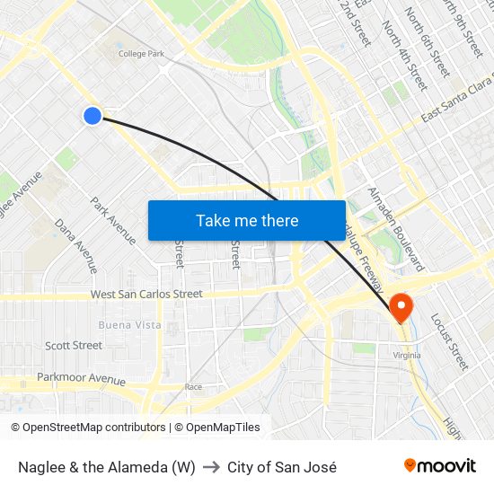 Naglee & the Alameda (W) to City of San José map