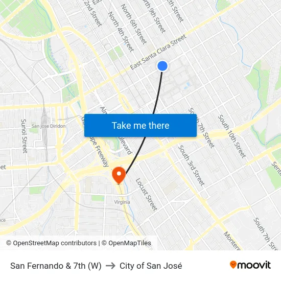 San Fernando & 7th (W) to City of San José map