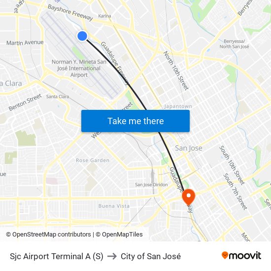 Sjc Airport Terminal A (S) to City of San José map