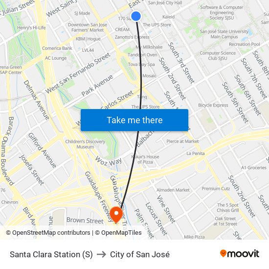 Santa Clara Station (S) to City of San José map