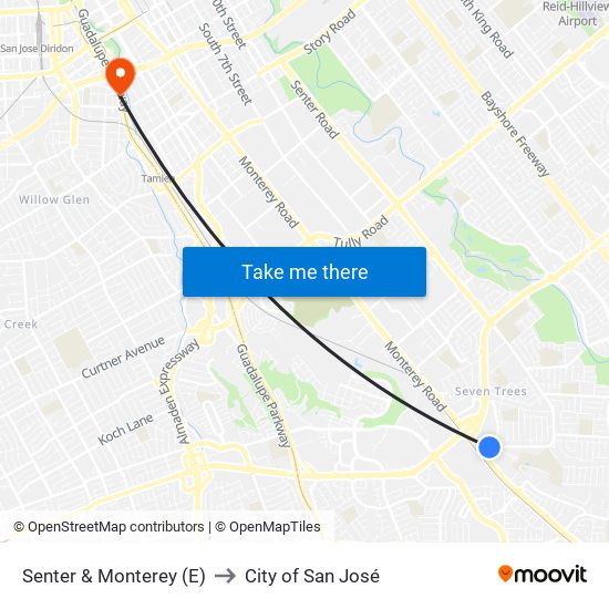 Senter & Monterey (E) to City of San José map