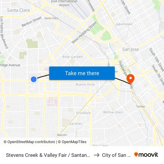 Stevens Creek & Valley Fair / Santana Row (W) to City of San José map
