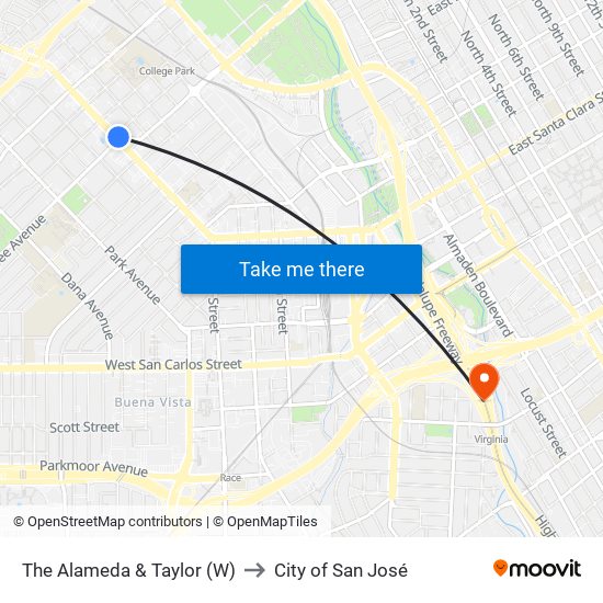 The Alameda & Taylor (W) to City of San José map