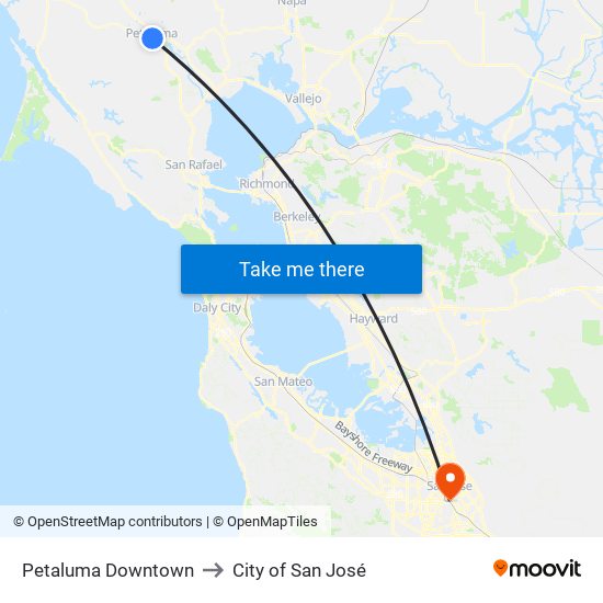 Petaluma Downtown to City of San José map