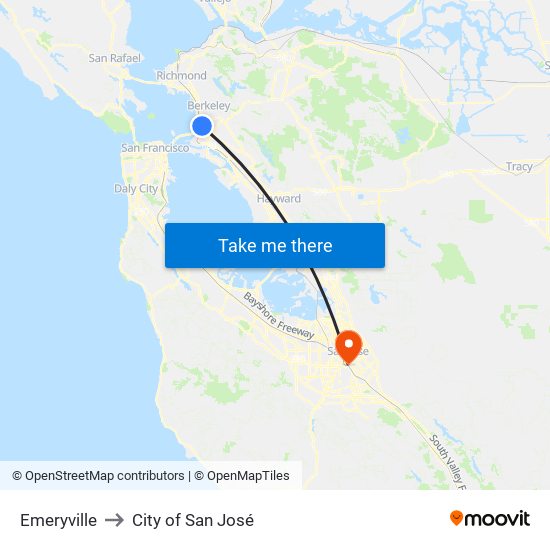 Emeryville to City of San José map