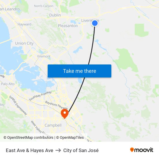 East Ave & Hayes Ave to City of San José map