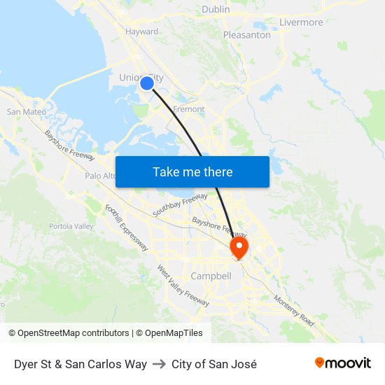 Dyer St & San Carlos Way to City of San José map