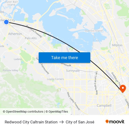 Redwood City Caltrain Station to City of San José map