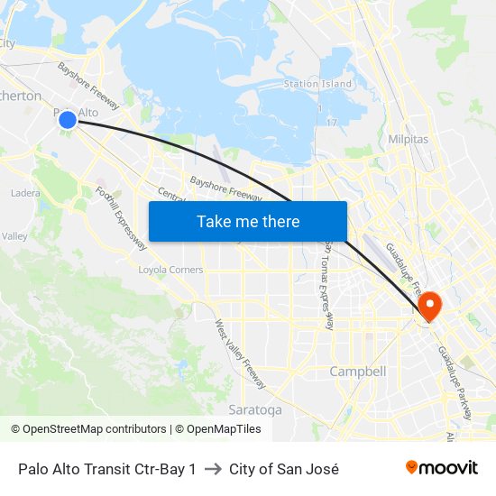 Palo Alto Transit Ctr-Bay 1 to City of San José map