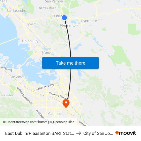 East Dublin/Pleasanton BART Station to City of San José map