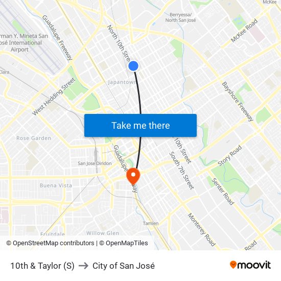 10th & Taylor (S) to City of San José map