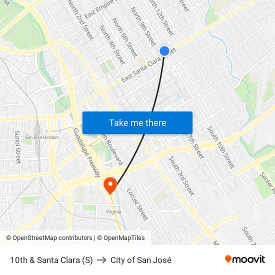 10th & Santa Clara (S) to City of San José map