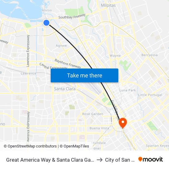 Great America Way & Santa Clara Gateway (W) to City of San José map